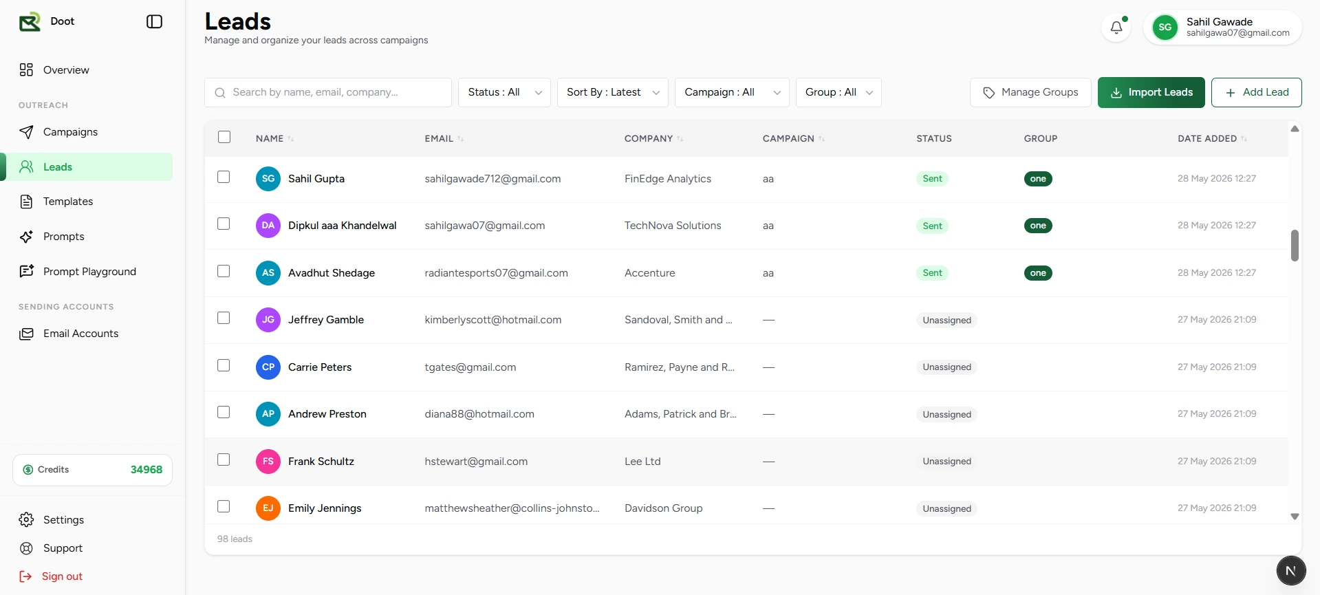 Leads management page