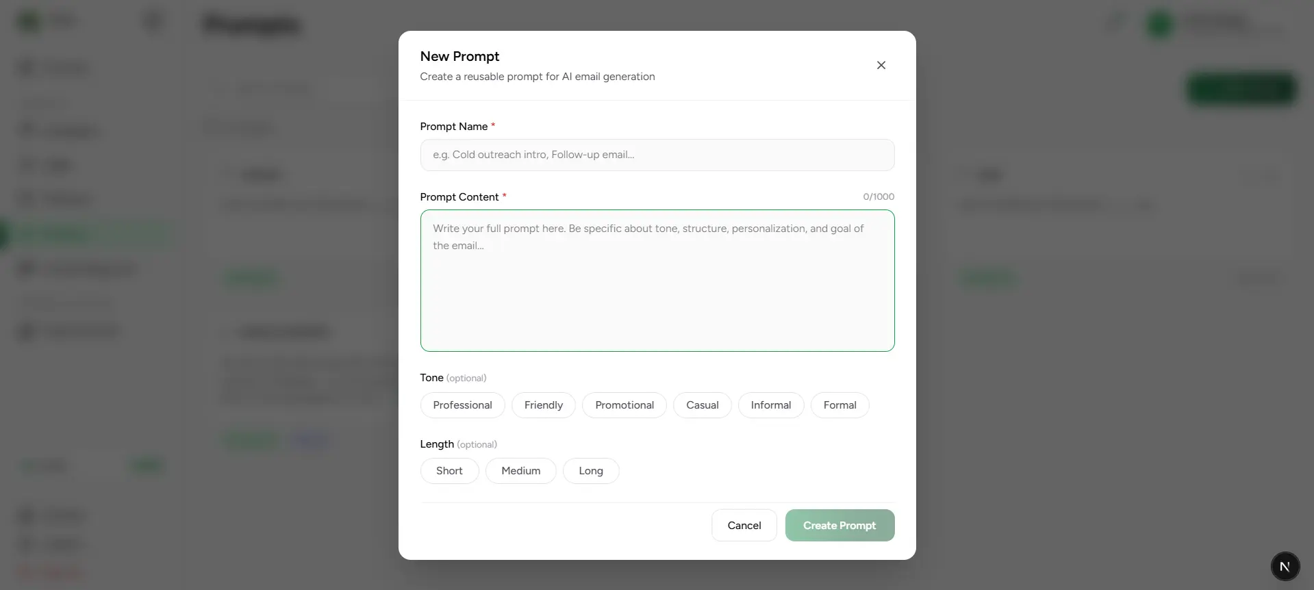 Create prompt modal