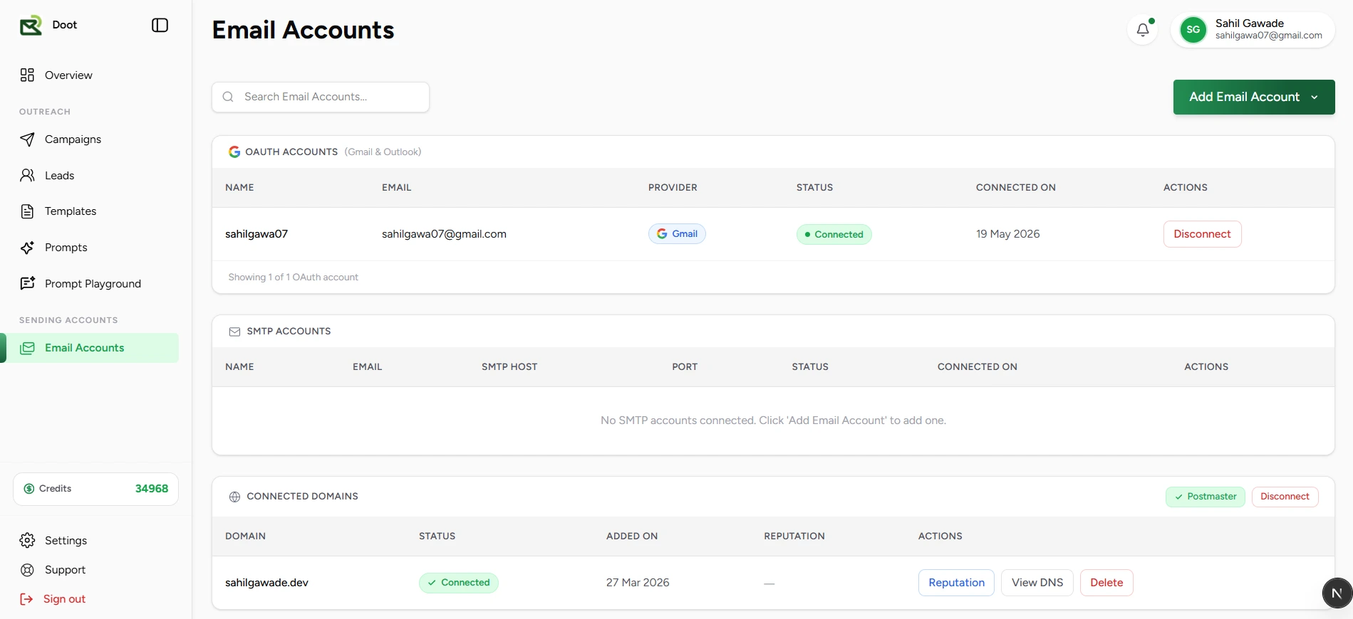 Email accounts workspace