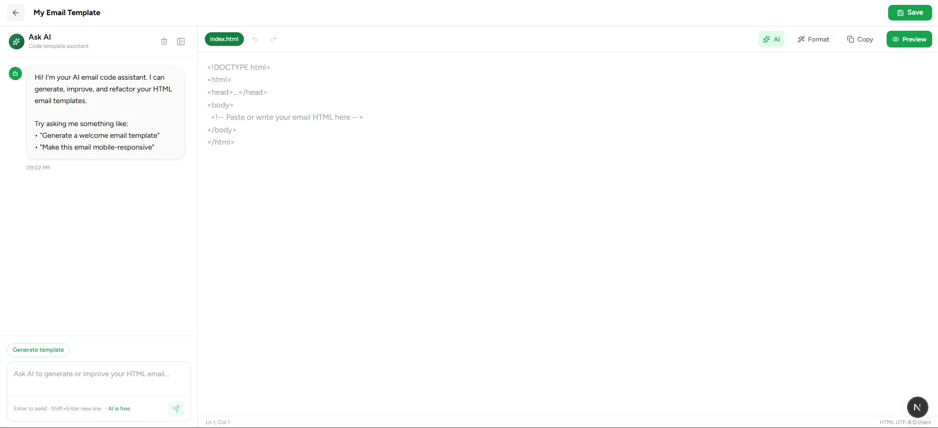 HTML email code editor interface