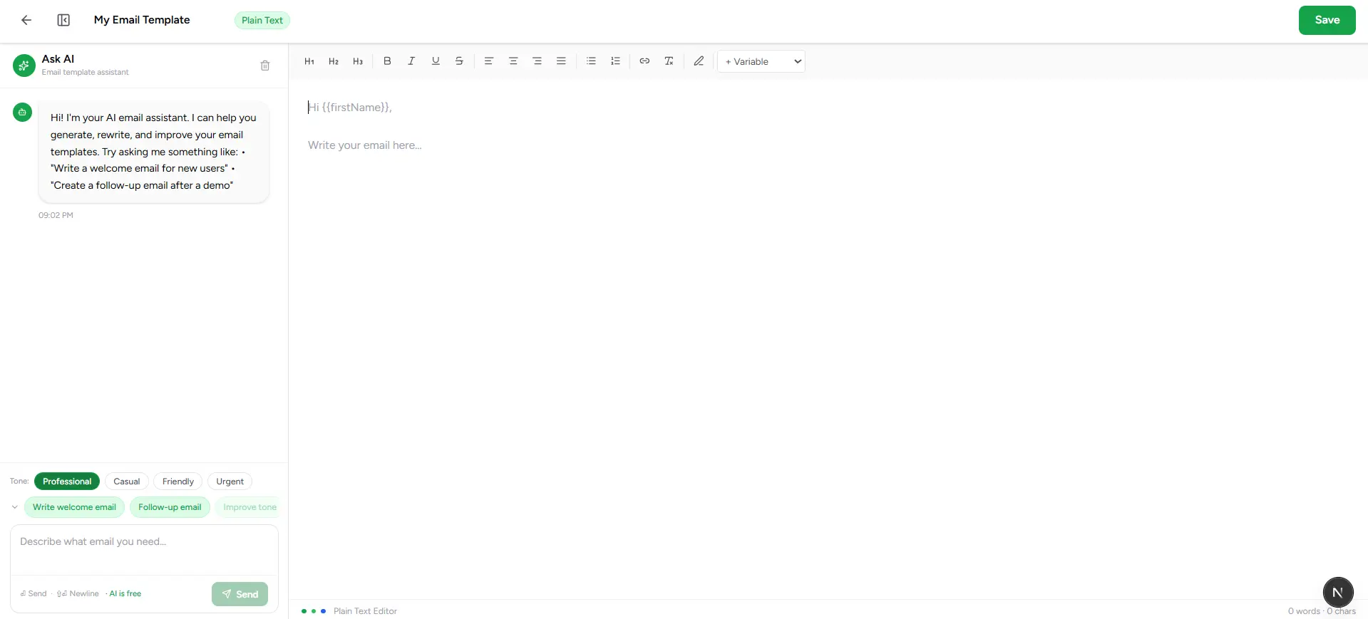 Plain text email editor interface