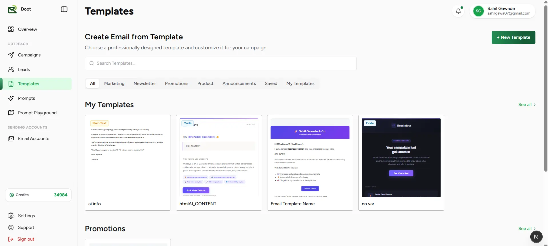 Templates page