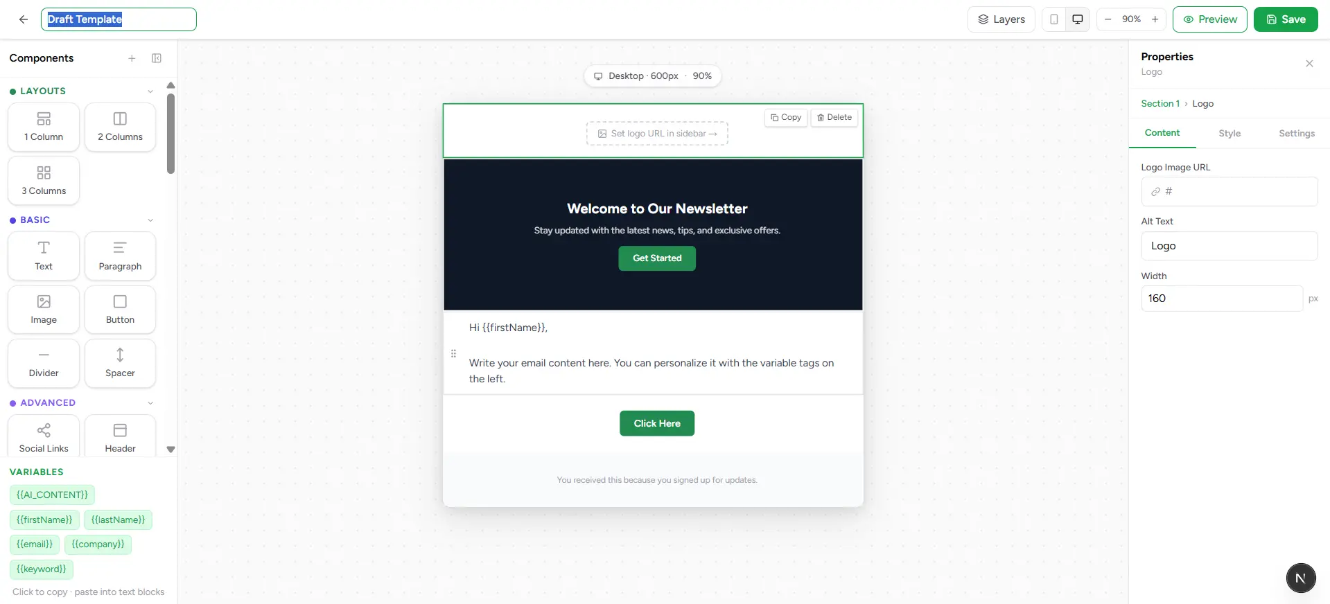 Visual email template builder interface